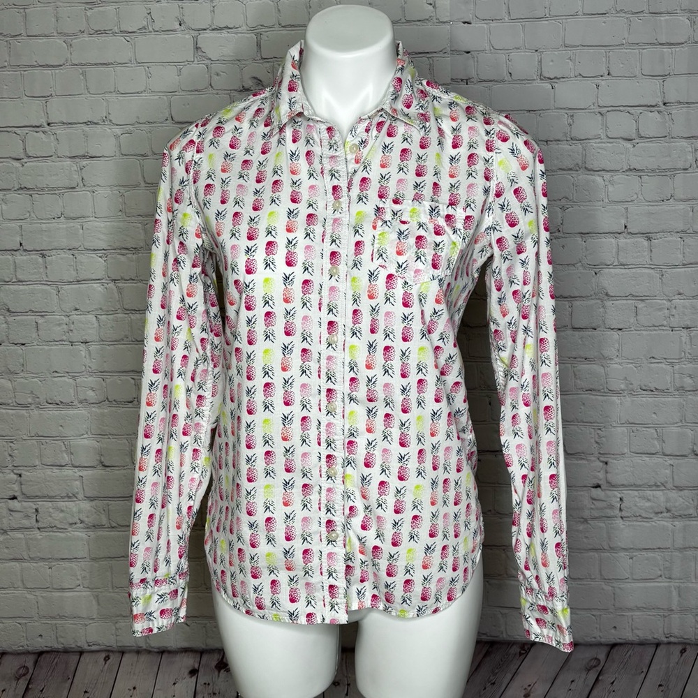 STYLUS White Shirt with Pink, Orange and Green Pineapple Print Size S